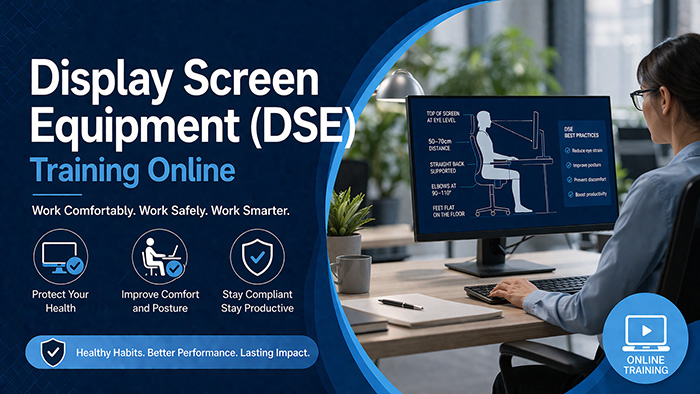 DSE training — office worker at a correctly set up, ergonomic computer workstation