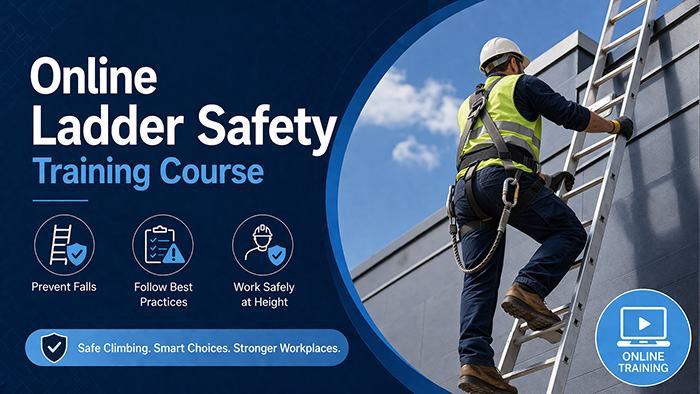 Worker using a ladder safely with three points of contact during ladder safety training