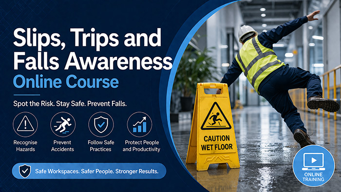 Wet floor warning sign on a workplace floor to prevent slips, trips and falls